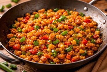 Crispy corn stir fry in a wok with bell peppers, green chilies, and spring onions.