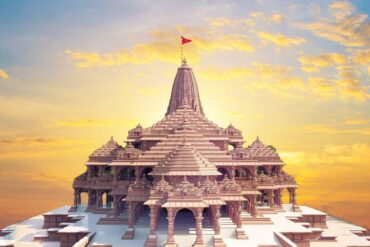 Shree Ram Mandir Ayodhya is a magnificent temple dedicated to Lord Rama, showcasing intricate architecture and spiritual grandeur, illuminated against a serene evening sky.