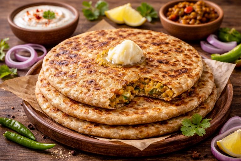 Aloo paratha topped with white butter served on a wooden plate with yogurt, pickle, onions, and green chilies.