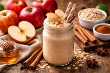 Apple cinnamon smoothie in a glass jar topped with apple slices and cinnamon, surrounded by fresh apples and oats.