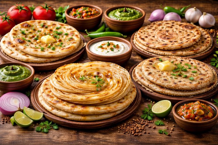 Assorted Indian flatbreads including naan, lachha paratha, tandoori roti, Kerala parotta, and bajra roti served with chutneys.