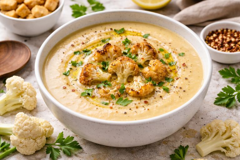 Creamy vegetarian cauliflower soup served in a bowl with roasted cauliflower garnish