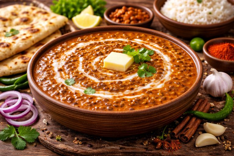 Bowl of dal makhani topped with butter and cream, garnished with coriander and served with naan.