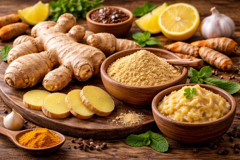 Whole ginger root, ginger powder, and ginger paste displayed on a wooden table.