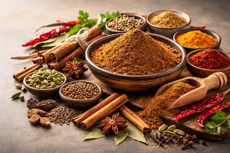 Garam masala powder in a wooden bowl with whole Indian spices like cinnamon, cardamom, cloves, peppercorns, and dried red chilies.