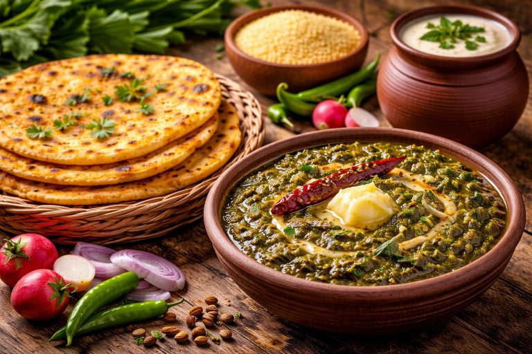 Makki di roti served with sarson ka saag topped with butter, accompanied by onions, radish, and green chilies.