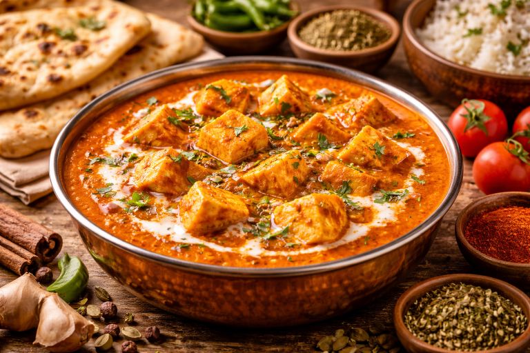 Paneer makhani served in a copper bowl with creamy tomato gravy and paneer cubes garnished with fresh coriander.