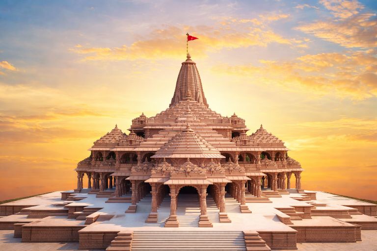 Ram Mandir Ayodhya temple with grand Hindu architecture at sunset