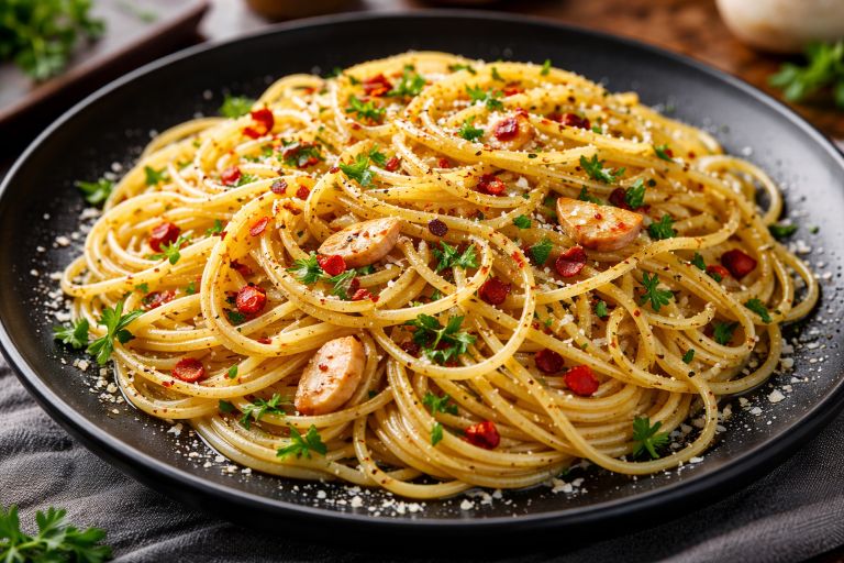 Spaghetti aglio e olio served on a black plate with garlic slices, chili flakes, and parsley.