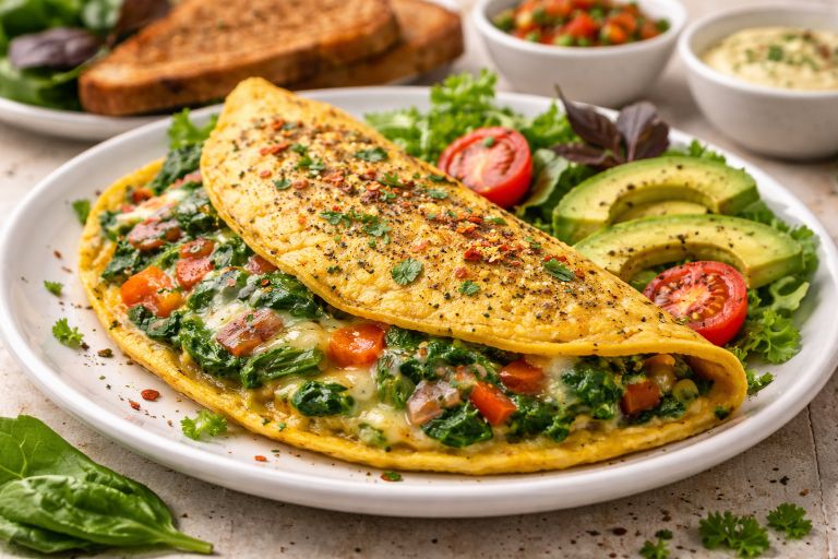 Vegan spinach omelette made with chickpea flour served with avocado, tomatoes, and toast.