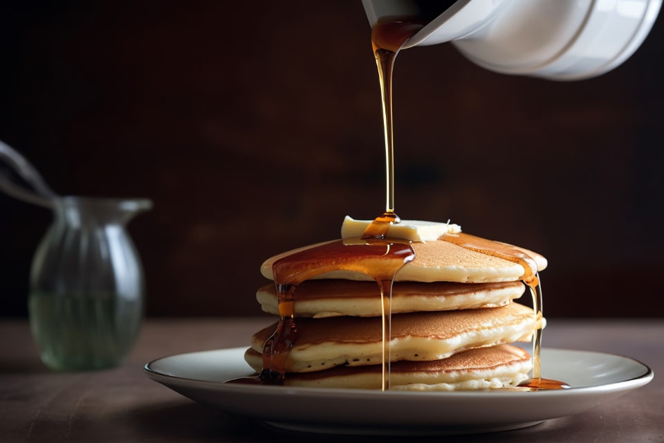 Stack of fluffy buttermilk pancakes topped with a pat of butter, drizzled with maple syrup, and garnished with fresh berries.