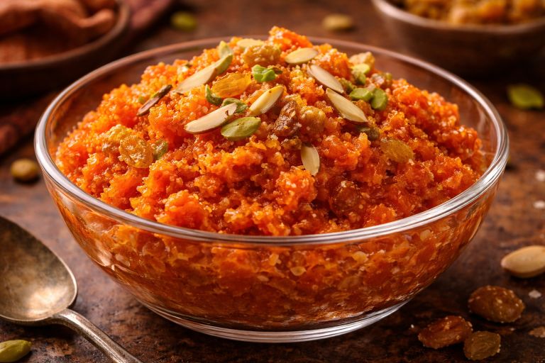 Glass bowl of gajar ka halwa Indian carrot dessert topped with nuts