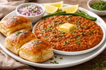 Mumbai style pav bhaji with buttery pav buns, lemon wedges, onions, and coriander on a plate.