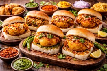 Different varieties of vada pav served with chutneys and fried green chilies on a platter.