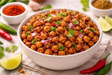 Crispy chilli chana served in a bowl with chopped onions, green chilies, and coriander.
