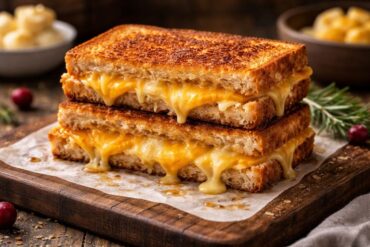 Crispy grilled cheese sandwich with melted cheese between golden toasted bread.
