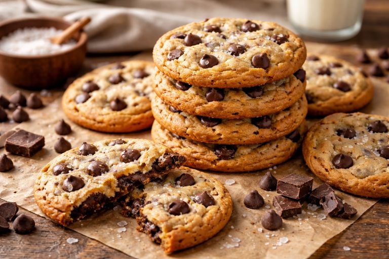 Freshly baked chocolate chip cookies with crispy edges and gooey chocolate chips stacked on parchment paper.