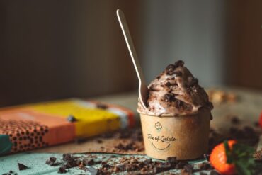 Smooth and creamy chocolate-hazelnut gelato served in a bowl, with a rich, velvety texture.