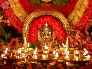 Statue of the goddess at Kadampuzha Temple, beautifully adorned with flowers and offerings, radiating a serene and divine presence.