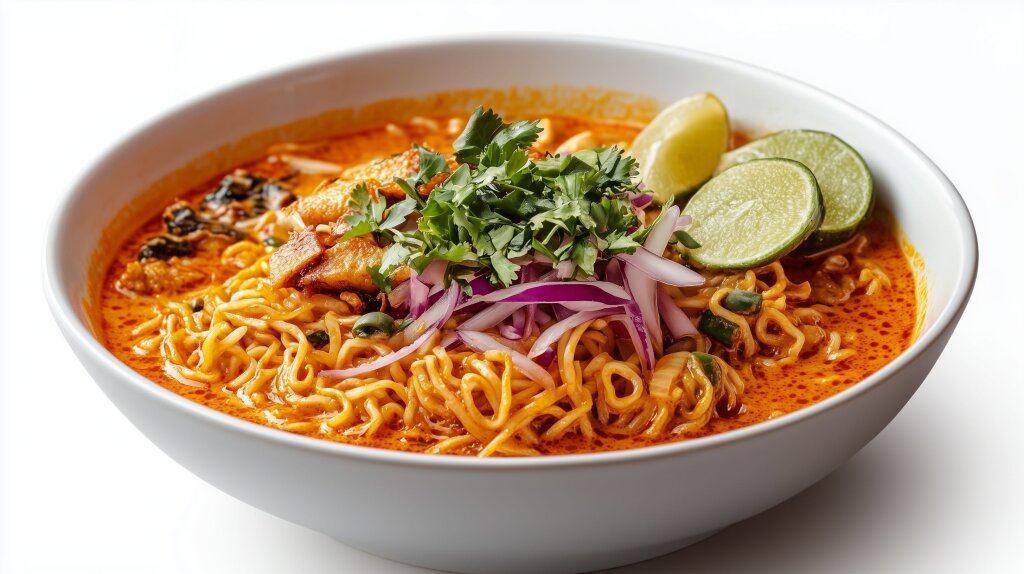 A bowl of Khao Soi, a traditional northern Thai noodle soup, featuring a rich, creamy curry broth with tender vegetables, soft and crispy noodles, topped with pickled mustard greens, lime, and shallots.