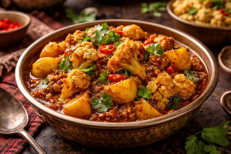 Bowl of aloo gobi Indian potato cauliflower curry garnished with coriander