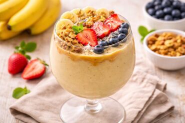 Banana smoothie bowl served in a wine glass topped with banana slices, berries, and granola.