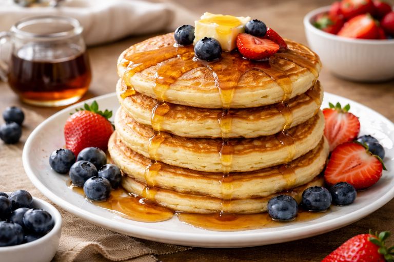 Stack of fluffy buttermilk pancakes topped with butter, maple syrup, and fresh berries.