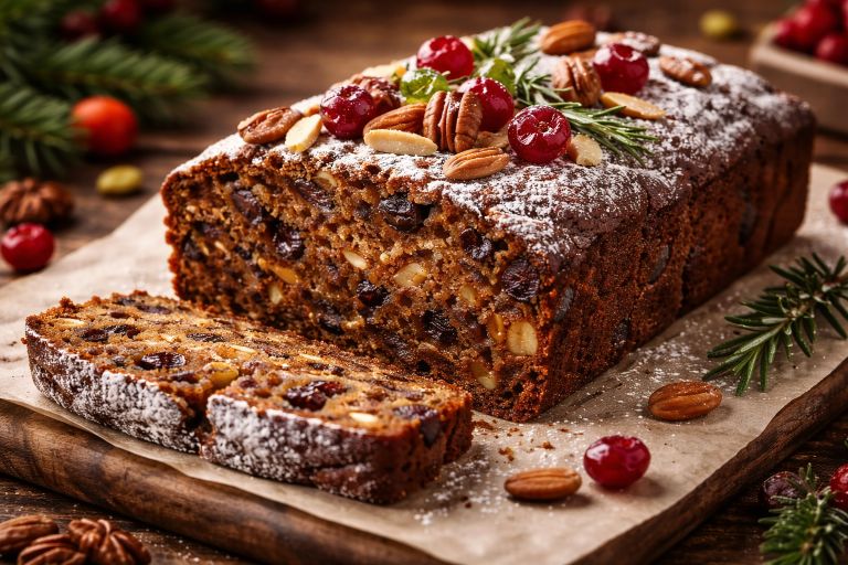 Christmas plum cake with dried fruits and nuts on a wooden board