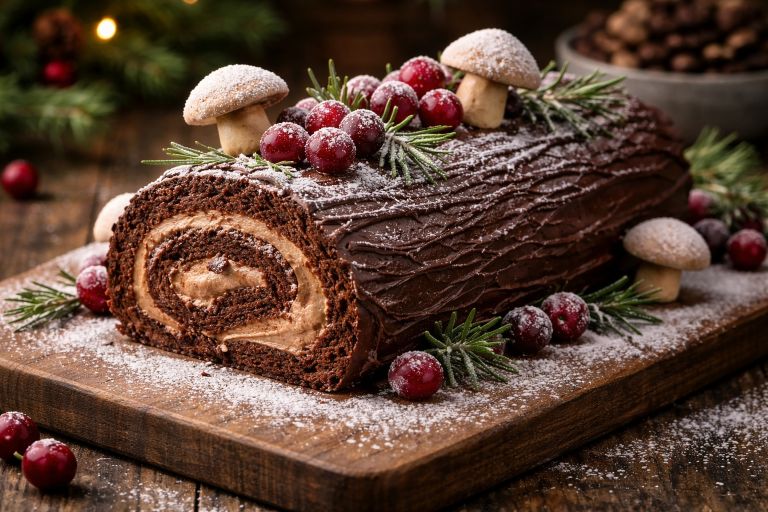 Classic Christmas Yule Log cake with chocolate ganache, rolled sponge, and festive decorations on a wooden board.