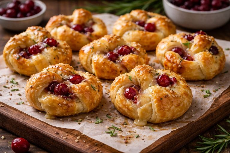 Freshly baked cranberry brie knots made with flaky pastry, creamy melted brie, and sweet cranberry filling on a wooden board.