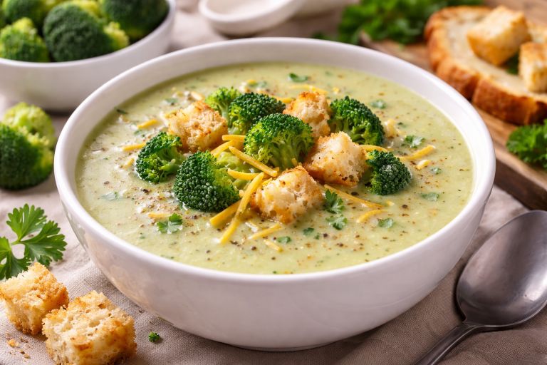 Cream of broccoli soup served in a bowl topped with broccoli florets, croutons, and herbs.