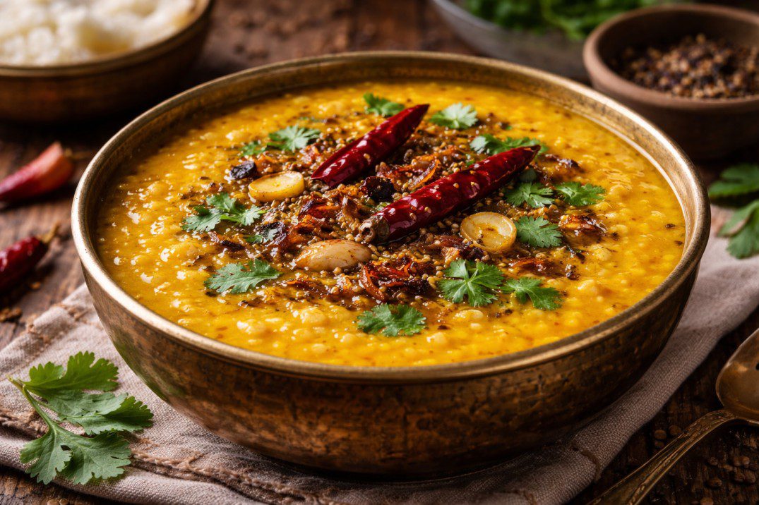 Bowl of dal tadka topped with fried garlic, red chilies, and coriander.