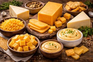 Different types of cheddar cheese including block, sliced, cubes, grated cheddar, and cheddar cheese sauce