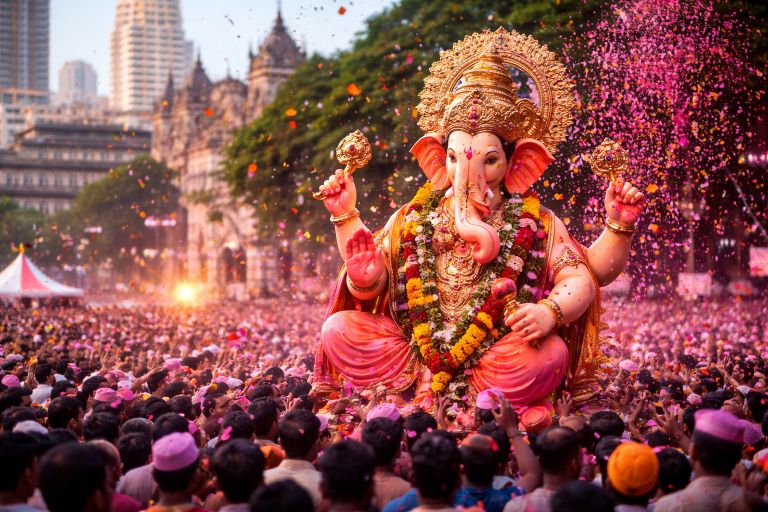 Ganesh Chaturthi celebration in Mumbai with a large Lord Ganesha idol during a vibrant visarjan procession.