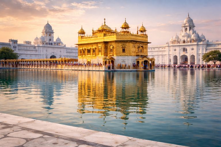Golden Temple Amritsar reflected in the sacred Amrit Sarovar during sunrise.