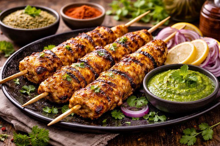 Grilled soya chaap skewers served with green chutney, sliced onions, and lemon wedges.