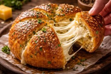 Korean cream cheese garlic bread with melted cheese pull apart