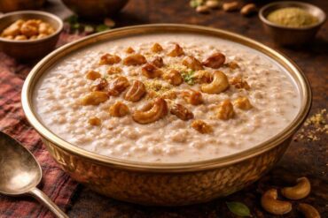 Large bowl of Palada Payasam Kerala rice ada milk dessert garnished with cashews