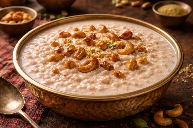 Large bowl of Palada Payasam Kerala rice ada milk dessert garnished with cashews