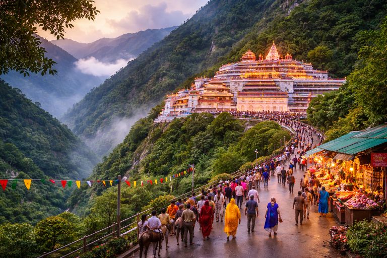 Pilgrims walking towards Vaishno Devi Temple in the Trikuta Mountains near Katra, Jammu and Kashmir