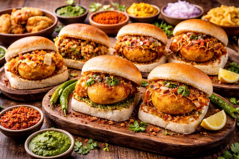 Different varieties of vada pav served with chutneys and fried green chilies on a platter.