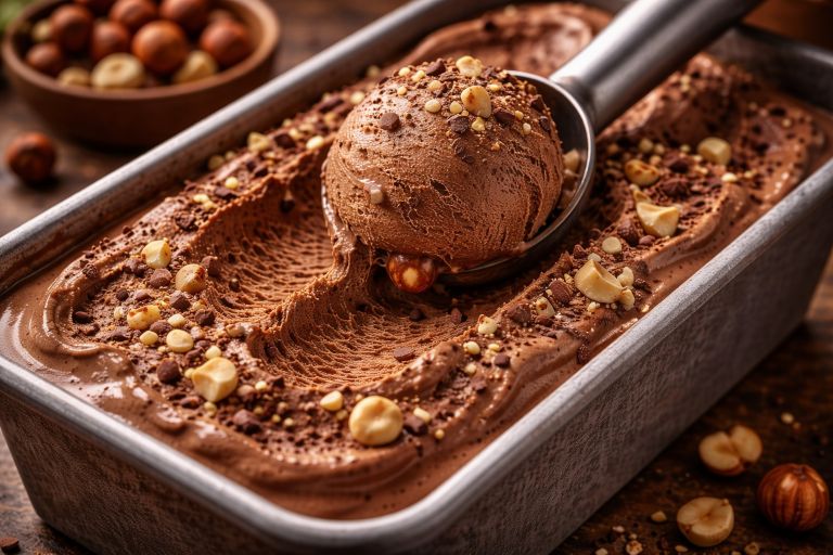 Tub of vegan chocolate hazelnut gelato topped with chopped hazelnuts and chocolate bits