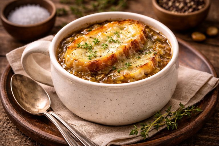 Vegetarian French onion soup topped with melted cheese and toasted bread in rustic bowl