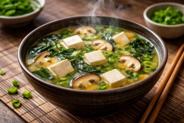 Steaming bowl of vegetarian miso soup with tofu, mushrooms, and green onions