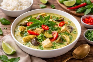 Vegetarian Thai green curry with tofu, vegetables, and basil served in a bowl