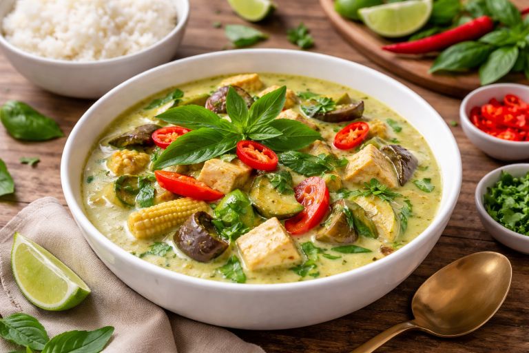 Vegetarian Thai green curry with tofu, vegetables, and basil served in a bowl