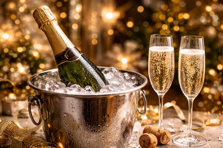 Champagne bottle in ice bucket with sparkling champagne glasses