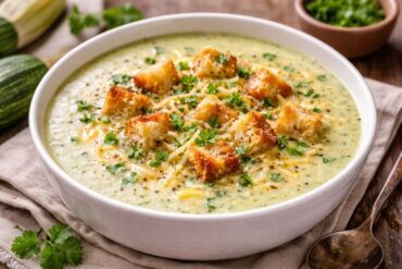 Creamy cheesy zucchini soup topped with croutons and herbs in a white bowl