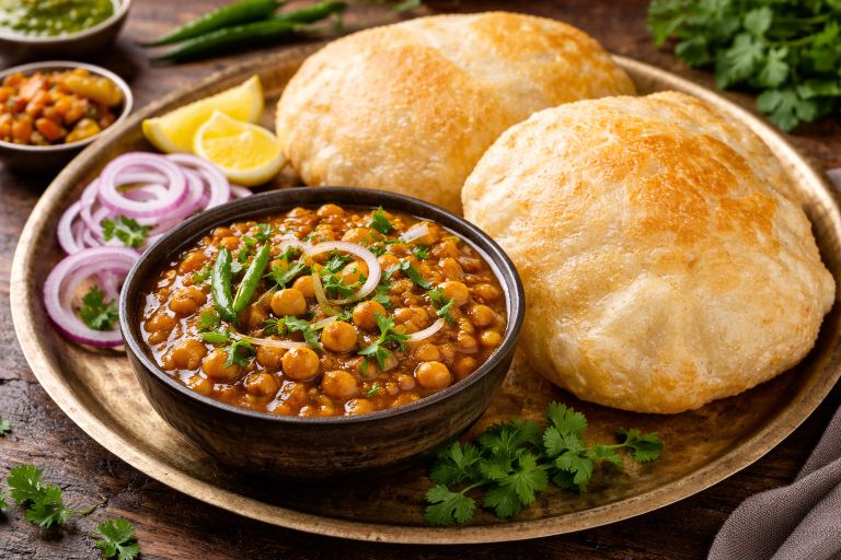 Chole Bhature recipe with two fluffy bhature and a bowl of spicy chickpea curry garnished with coriander