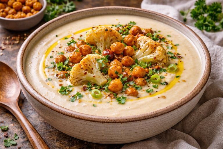 Creamy cauliflower soup served in a bowl topped with roasted cauliflower, chickpeas, herbs, and olive oi
